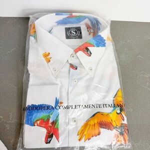Stenay White Shirt button down men’s shirt with Vibrant Parrot Design men’s XXXL